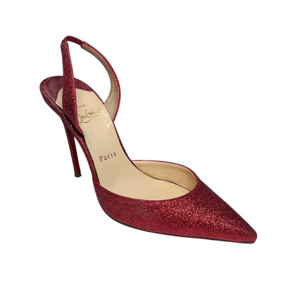 Christian Louboutin Ever 100 Red Glitter Slingback Heels EU 37.5 Sparkly Pumps